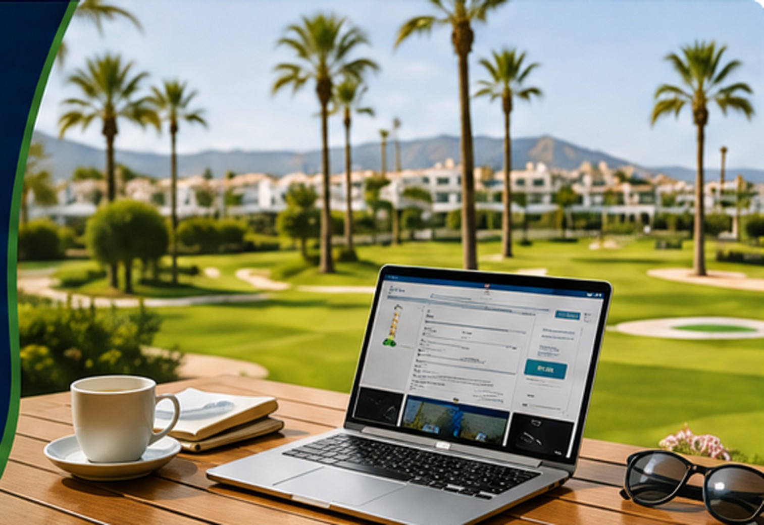 Laptop and coffee on a sunny terrace overlooking a golf resort